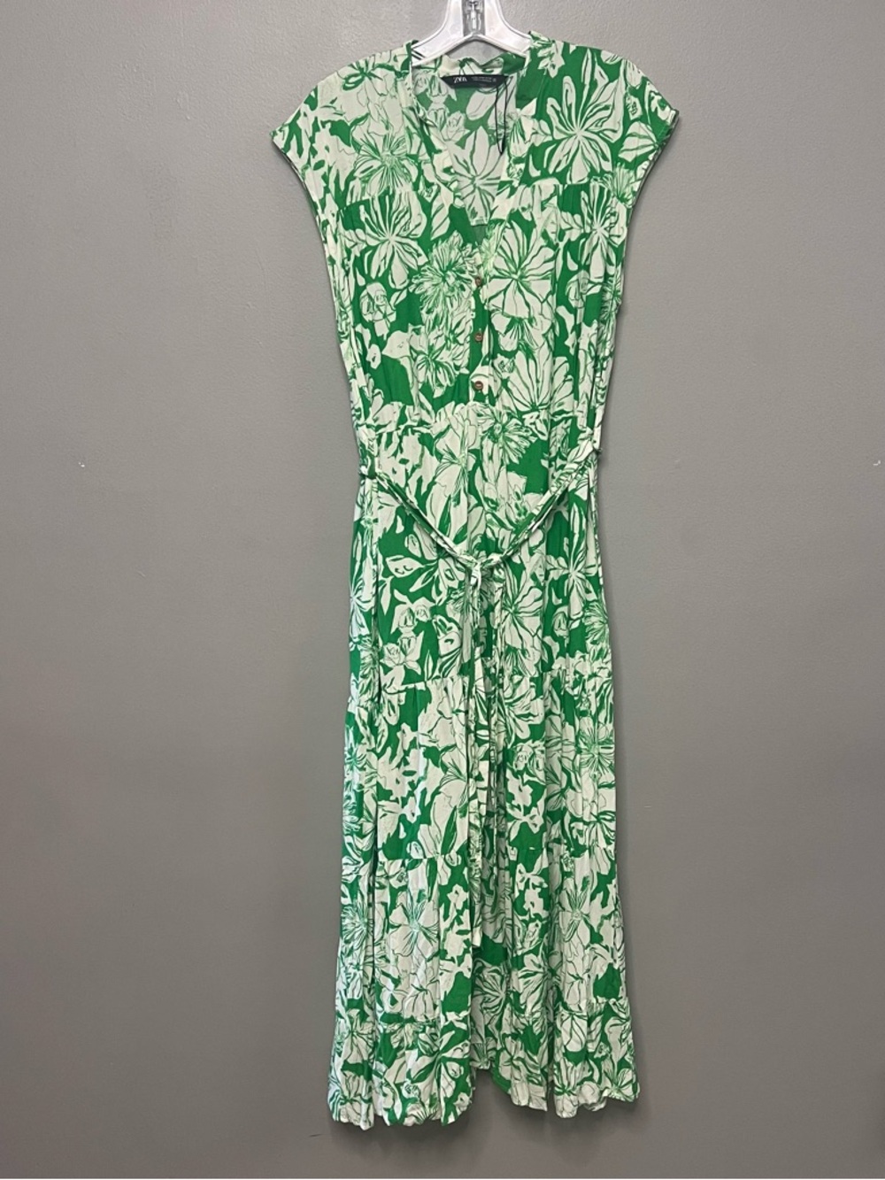 Zara Floral Print Green & Ecru Midi/Maxi Dress W/ Belt Medium Boho Garden Girl